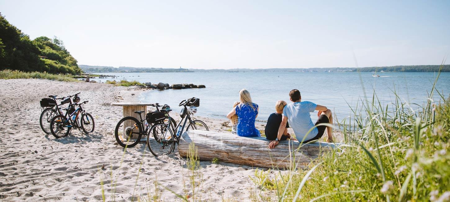 Familie sidder på stranden og kigger ud over vandet med cykler ved siden af