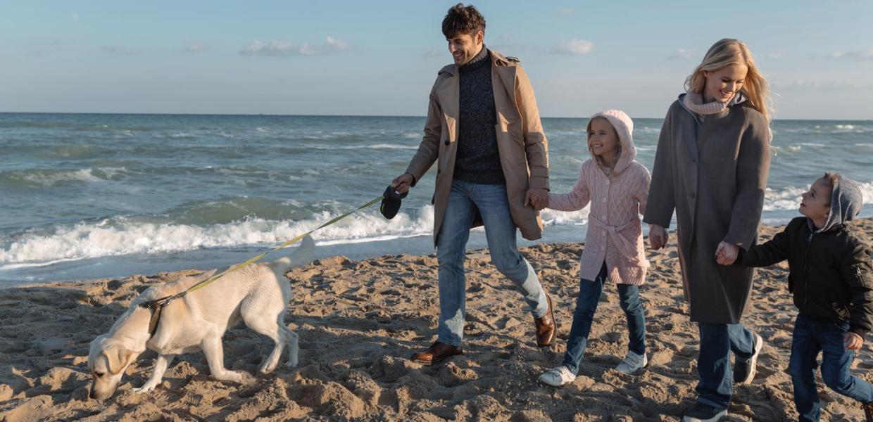 Familie vandrer på stranden med hund i snor