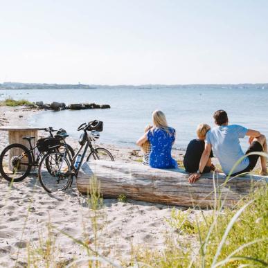 Familie på stranden med cykler