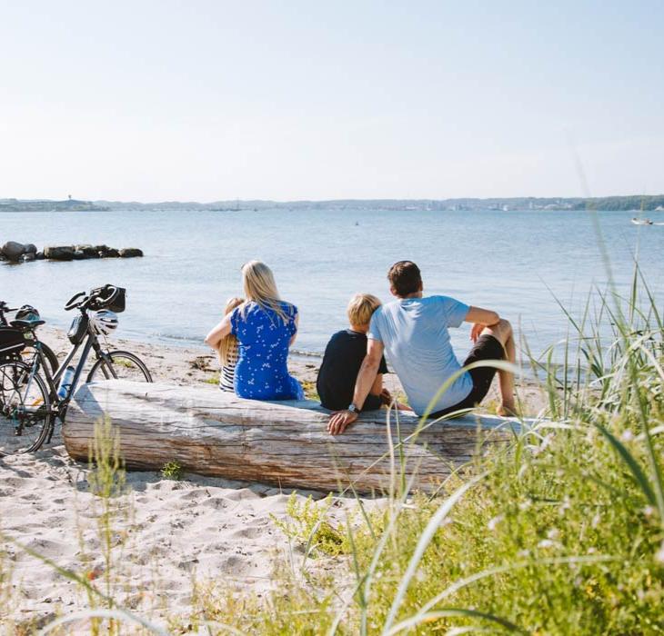 Familie sidder på stranden og kigger ud over vandet med cykler ved siden af